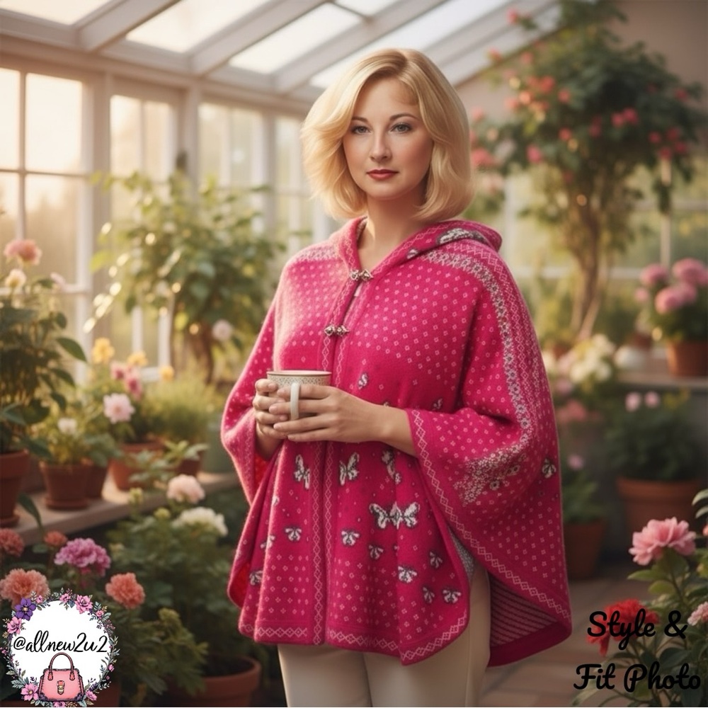 Natural Style Woman’s Wool Hooded Poncho Sweater Pink Butterfliess